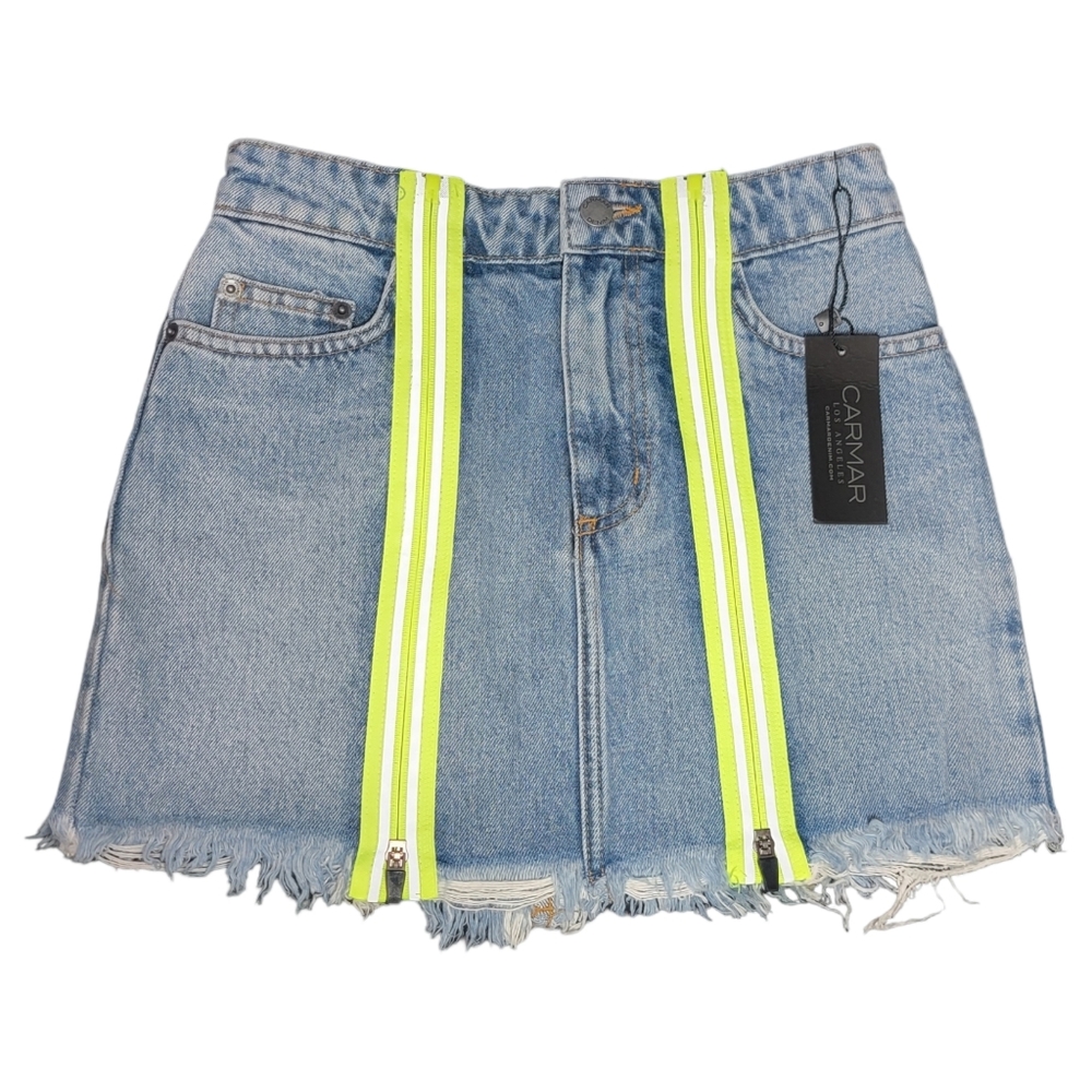 Carmar Los Angeles Colin Denim Raw Hem Skirt Neon Yellow Reflecting Zippers 26